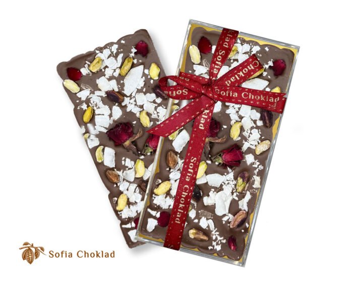 Milk Chocolate with Rose Petals, Coconut Chips & Pistachios - 120g